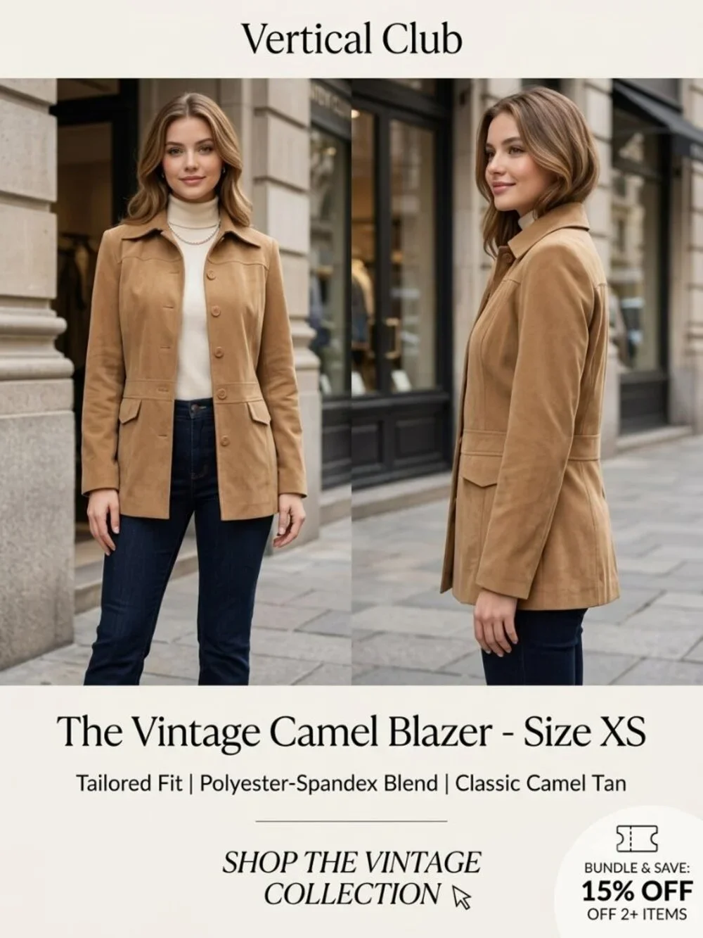 Vintage Vertical Club Camel Tan Blazer Jacket - Women's Size XS - Picture 1 of 8